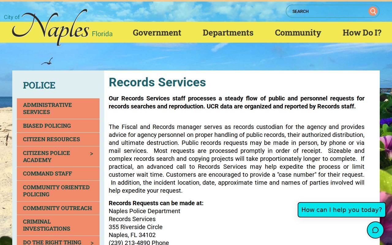 Naples Police records services page