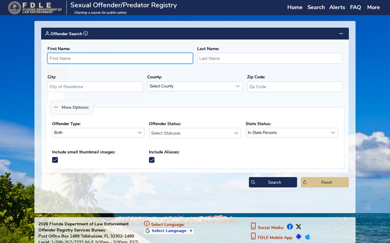 Collier County sex offender search fields in FDLE advanced search