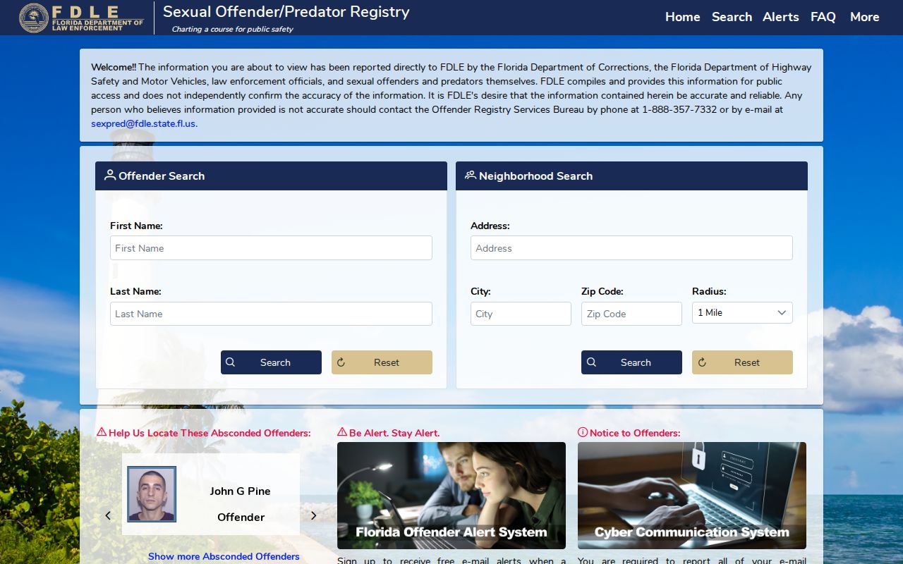 Collier County sex offender search on the FDLE registry home